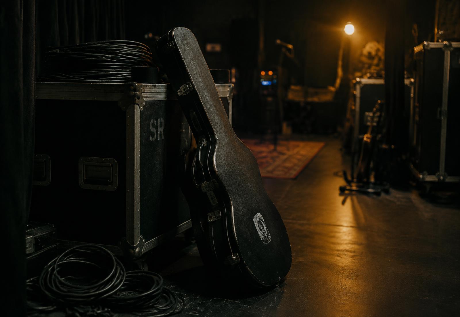 A quiet backstage corridor before a show: a guitar case and road cases under dim warm light
